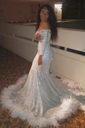 Vestido de fiesta largo estilo sirena con lentejuelas y hombros descubiertos, plumas y mangas largas
