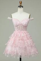 Rosa Off The Shoulder Korsett Homecoming Kleid mit Spitze, Y2471
