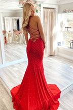 Brynn | Vestido formal de satén con cuentas, cuello en V y encaje estilo sirena