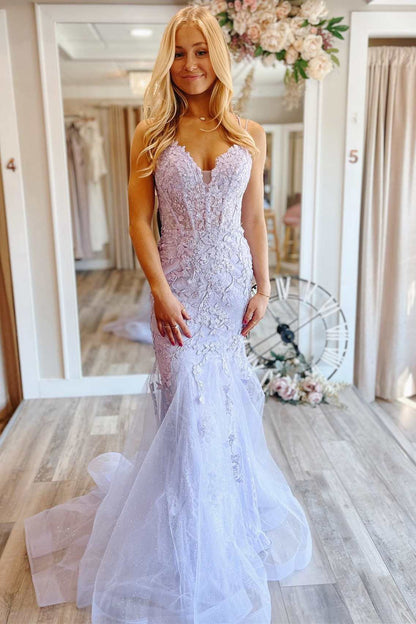 Mermaid V neck Lace Glitter Tulle Prom Dress