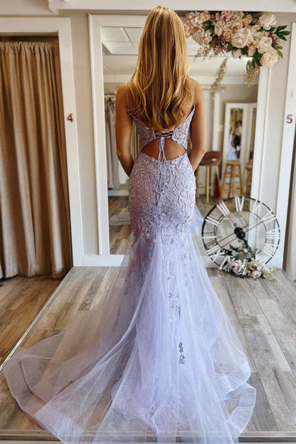 Mermaid V neck Lace Glitter Tulle Prom Dress