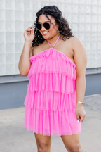 Vestido halter con espalda descubierta y dobladillo superpuesto de malla, vestido rosa de fiesta Y2569