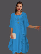Vestido de dos piezas de gasa, corte A, sin mangas, con encaje y apliques plisados