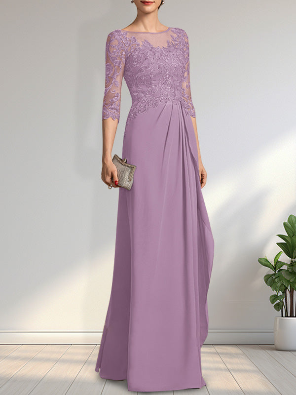 Vestido de gasa para madre de la novia con encaje, corte A, escote redondo, ilusión, largo hasta el suelo, con lentejuelas y abalorios y volantes en cascada