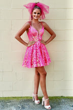 Katie | Vestido corto de fiesta de bienvenida con encaje y lentejuelas rosa intenso y brillante, corte A