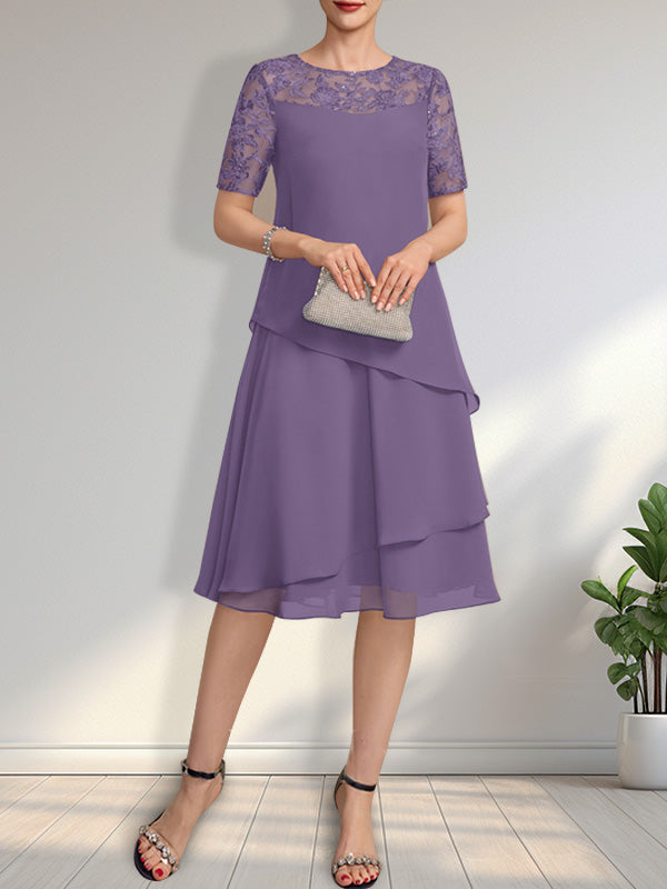Vestido de gasa con encaje y lentejuelas para madre de la novia, corte A, escote ilusión, largo hasta la rodilla