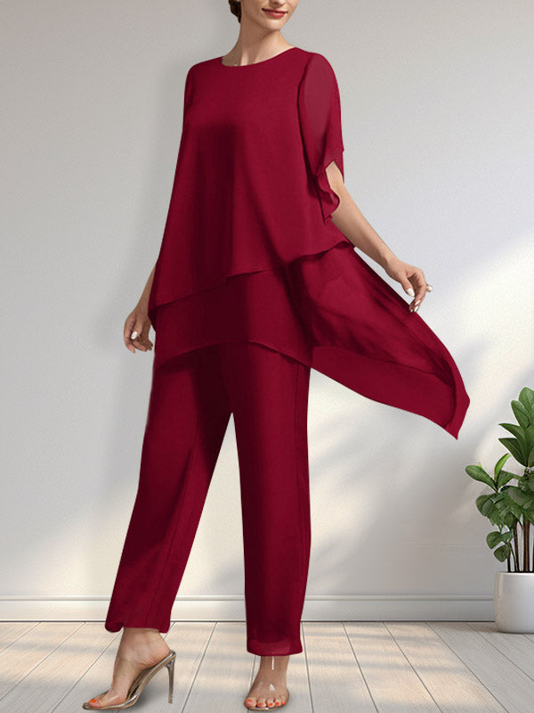 Vestido de gasa para madre de la novia, con escote redondo y largo hasta los tobillos, de mono/pantalón separado