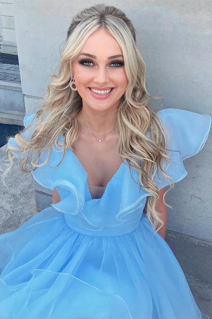 Agatha | Vestido de fiesta de organza con volantes y escote en V en línea A