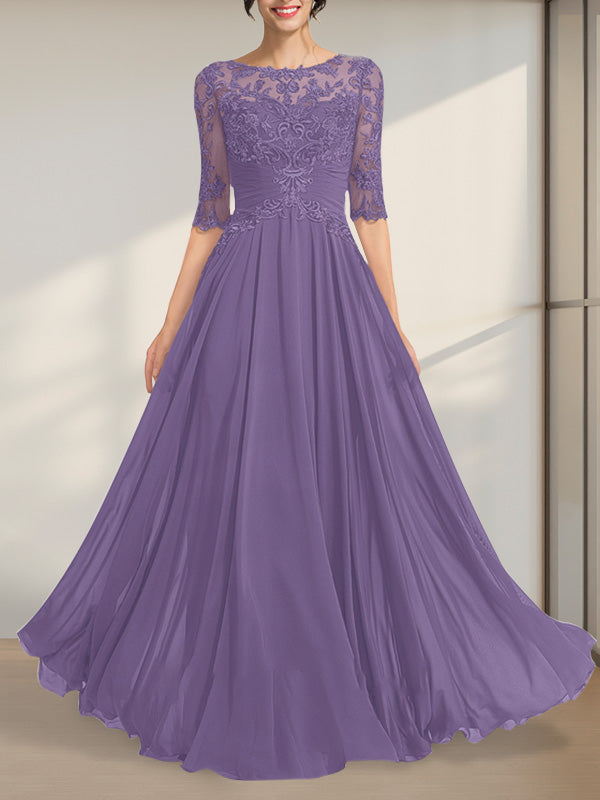 Vestido de gasa de encaje con escote en A y ilusión hasta el suelo para madre de la novia con lentejuelas plisadas