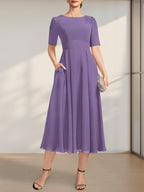 Vestido de gasa para madre de la novia, corte A, escote redondo, largo hasta la rodilla, con apliques de encaje y lentejuelas