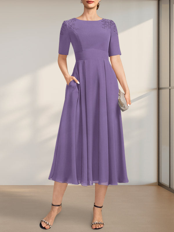 Vestido de gasa para madre de la novia, corte A, escote redondo, largo hasta la rodilla, con apliques de encaje y lentejuelas