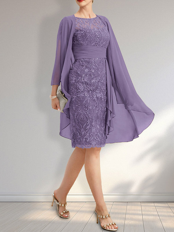 Vestido de madre de la novia de gasa con encaje, escote redondo, ilusión, largo hasta la rodilla, con volantes en cascada y lentejuelas