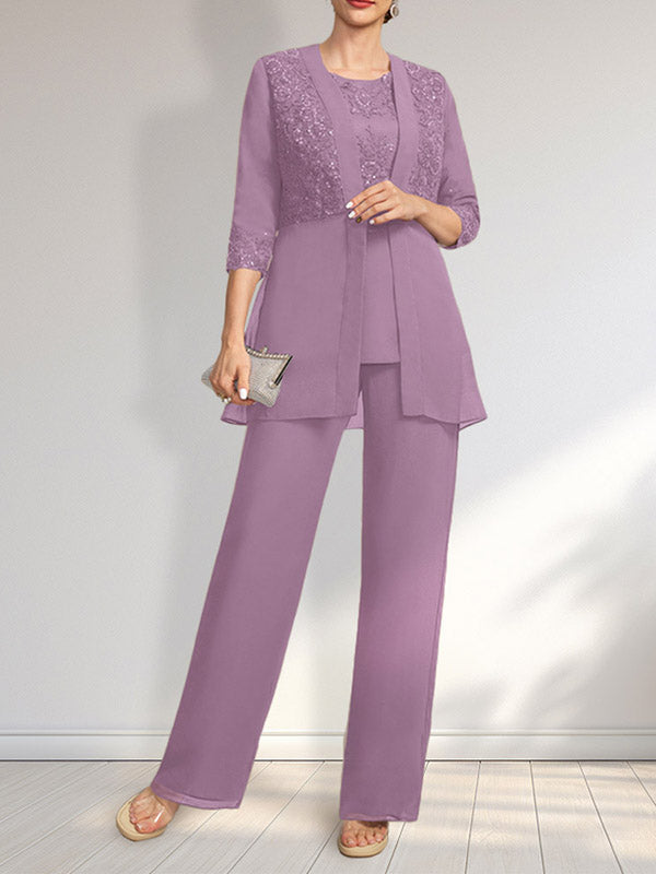 Jumpsuit/Pantsuit Separates Scoop Floor-Length Chiffon Lace Mother of the Bride Dress With Sequins