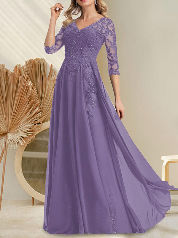 Vestido de madre de la novia de gasa con encaje, escote en V y lentejuelas, largo hasta el suelo