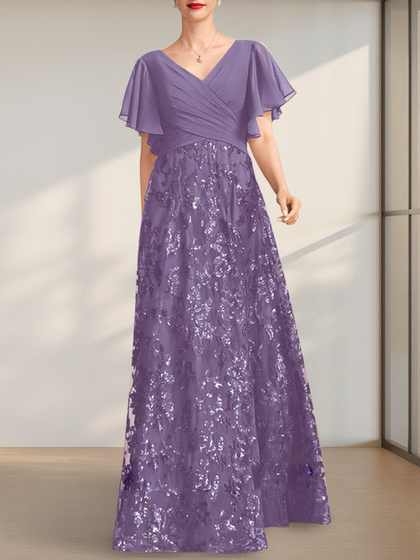 A-Linie V-Ausschnitt Bodenlang Spitze Pailletten Chiffon Mutter der Braut Kleid Mit Plissee