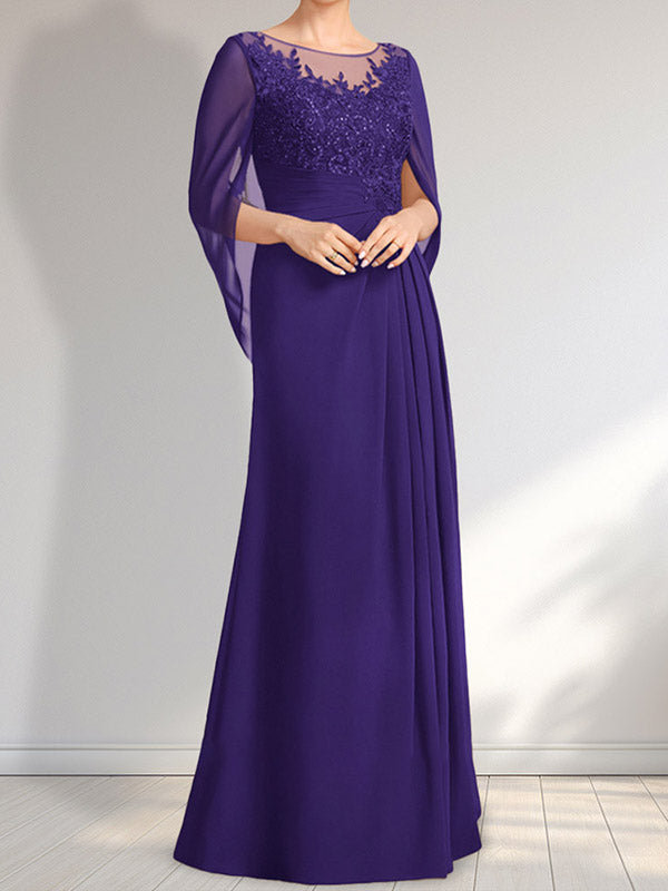 Vestido de gasa con encaje, ilusión, corte A, largo hasta el suelo, para madre de la novia con lentejuelas plisadas