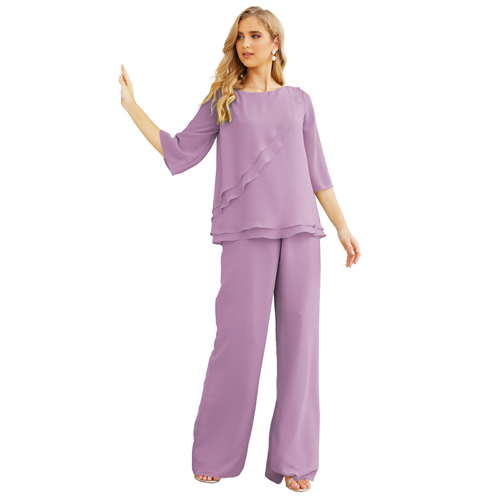 Sunnderly Chiffon Mother of The Bride Dress Plus Size Pant Suits Ruffle Layers