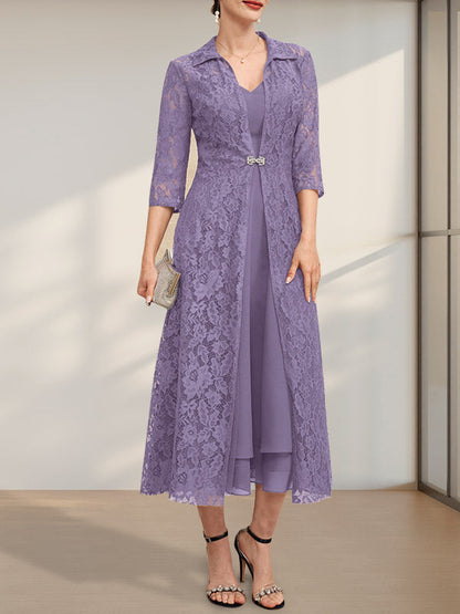 A-Linie V-Ausschnitt Wadenlanges Chiffonkleid für die Brautmutter