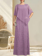 Vestido de madre de la novia de gasa con encaje, escote redondo y largo hasta el suelo, con lentejuelas y abalorios