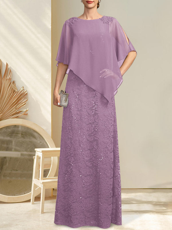 Vestido de madre de la novia de gasa con encaje, escote redondo y largo hasta el suelo, con lentejuelas y abalorios