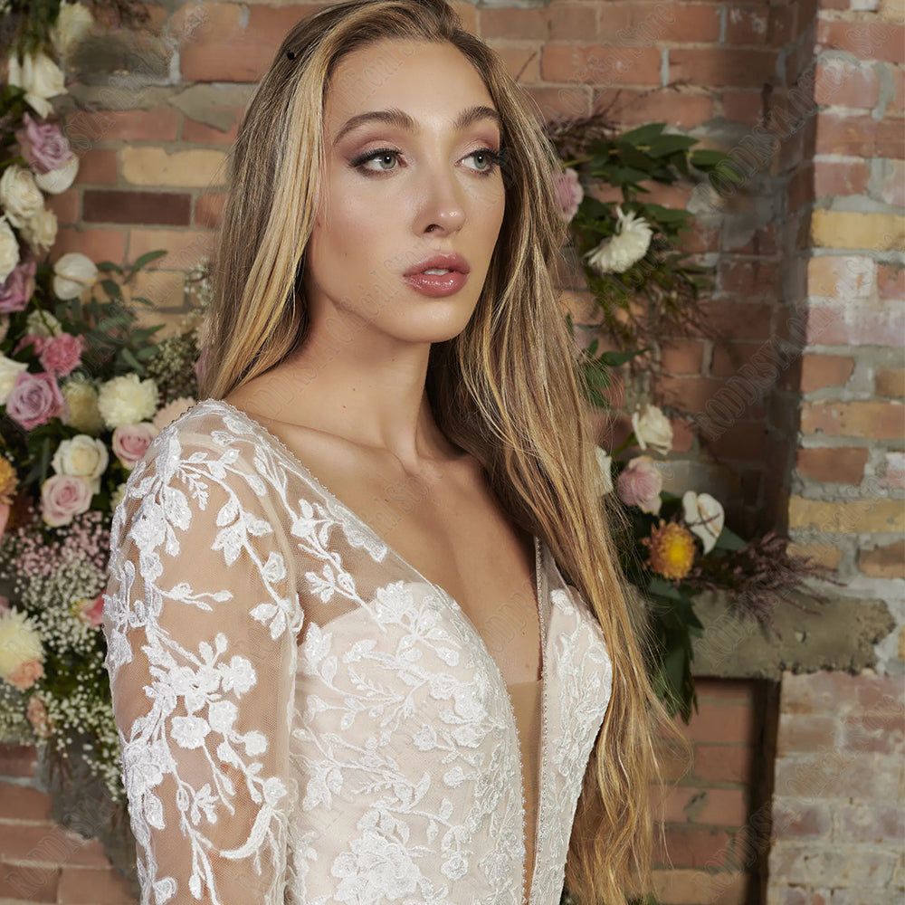 Light Champagne Modern Wedding Dresses Backless Applique Bride Gowns A-Line Tulle V-Neck Long Sleeves vestido de noiva-payinti