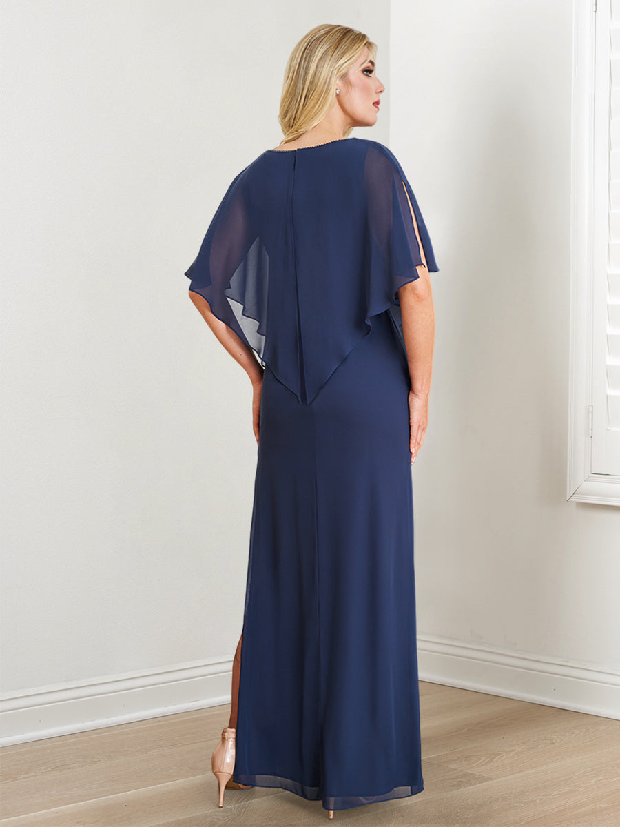 Vestidos de madre de la novia con escote en V, corte tubo/columna, cuentas y abertura lateral