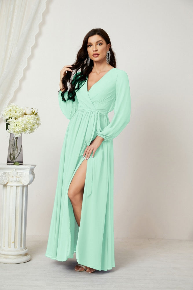 Vestidos de noche Sunnderly con escote en V profundo, gasa, para dama de honor, manga larga de obispo, abertura lateral, vestido formal SY2806 