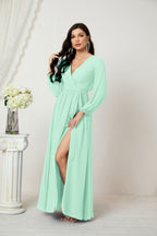 Vestidos de noche Sunnderly con escote en V profundo, gasa, para dama de honor, manga larga de obispo, abertura lateral, vestido formal SY2806 