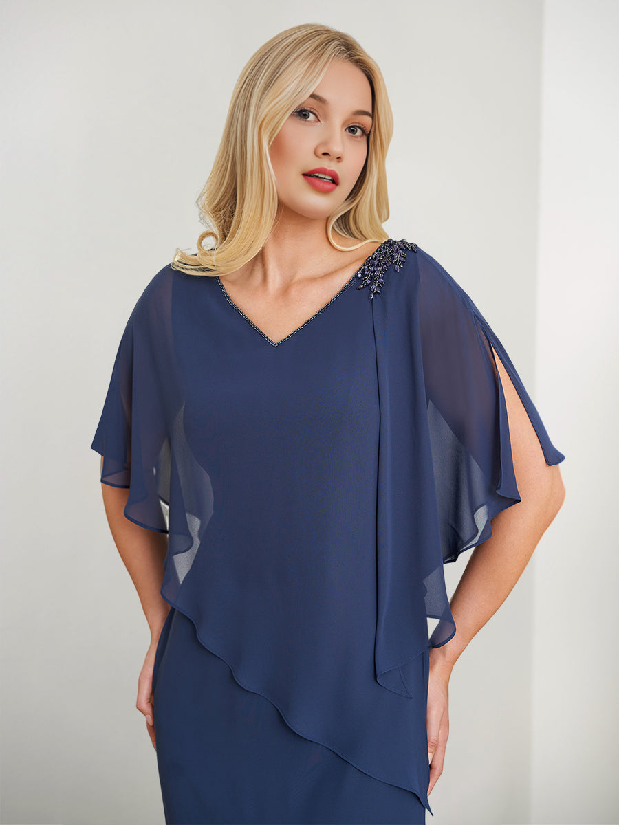 Vestidos de madre de la novia con escote en V, corte tubo/columna, cuentas y abertura lateral