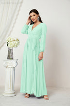 Vestidos de noche Sunnderly con escote en V profundo, gasa, para dama de honor, manga larga de obispo, abertura lateral, vestido formal SY2806 