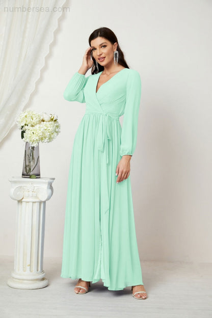 Sunnderly Evening Dresses Deep V-Neck Chiffon Bridesmaid Dresses Long Bishop Sleeve Side Split Formal Dress SY2806