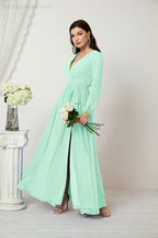 Vestidos de noche Sunnderly con escote en V profundo, gasa, para dama de honor, manga larga de obispo, abertura lateral, vestido formal SY2806 
