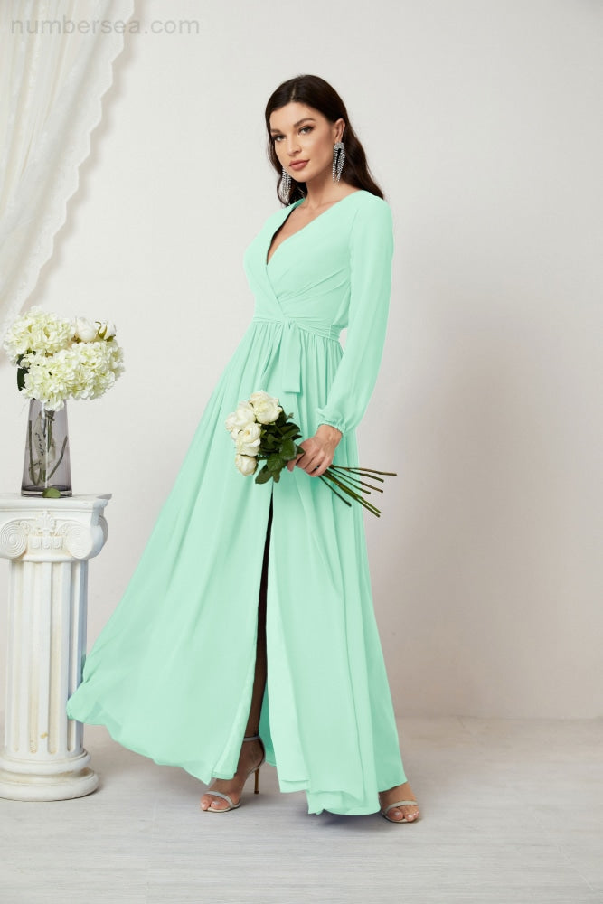 Vestidos de noche Sunnderly con escote en V profundo, gasa, para dama de honor, manga larga de obispo, abertura lateral, vestido formal SY2806 