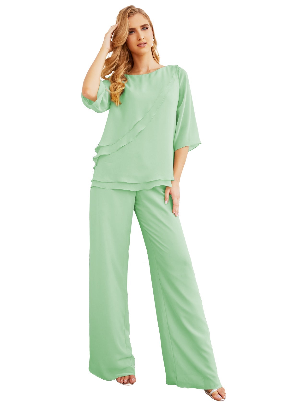 Elegante vestido de dos piezas para madre de la novia, talla grande, pantalón, capas con volantes, bata plateada SY28064 