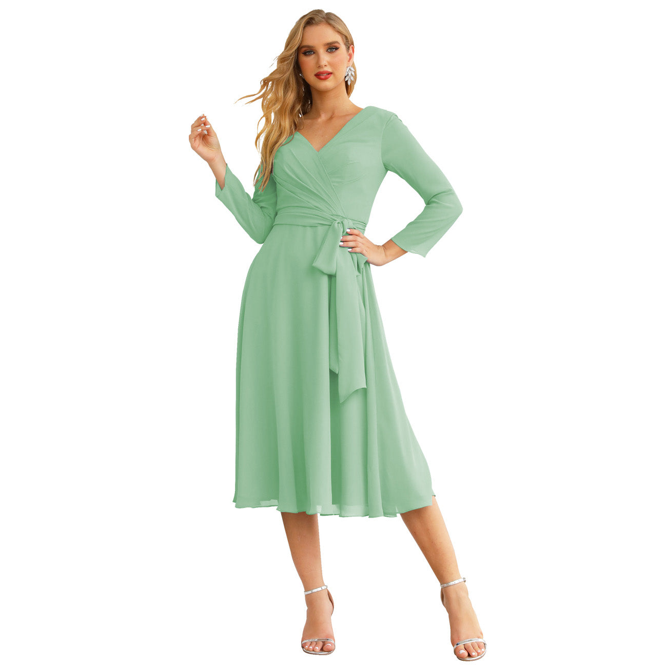 Sunnderly Chiffon Bridesmaid Dress V-Back Waist Belt Formal Prom Gown Mother of The Bride Wedding Guest