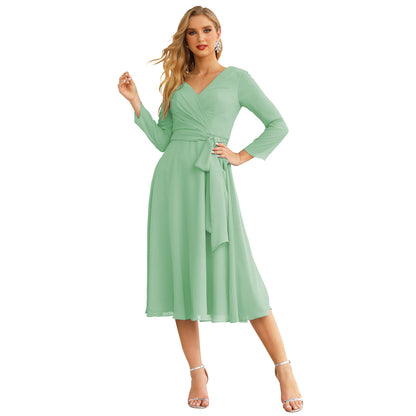Sunnderly Chiffon Bridesmaid Dress V-Back Waist Belt Formal Prom Gown Mother of The Bride Wedding Guest