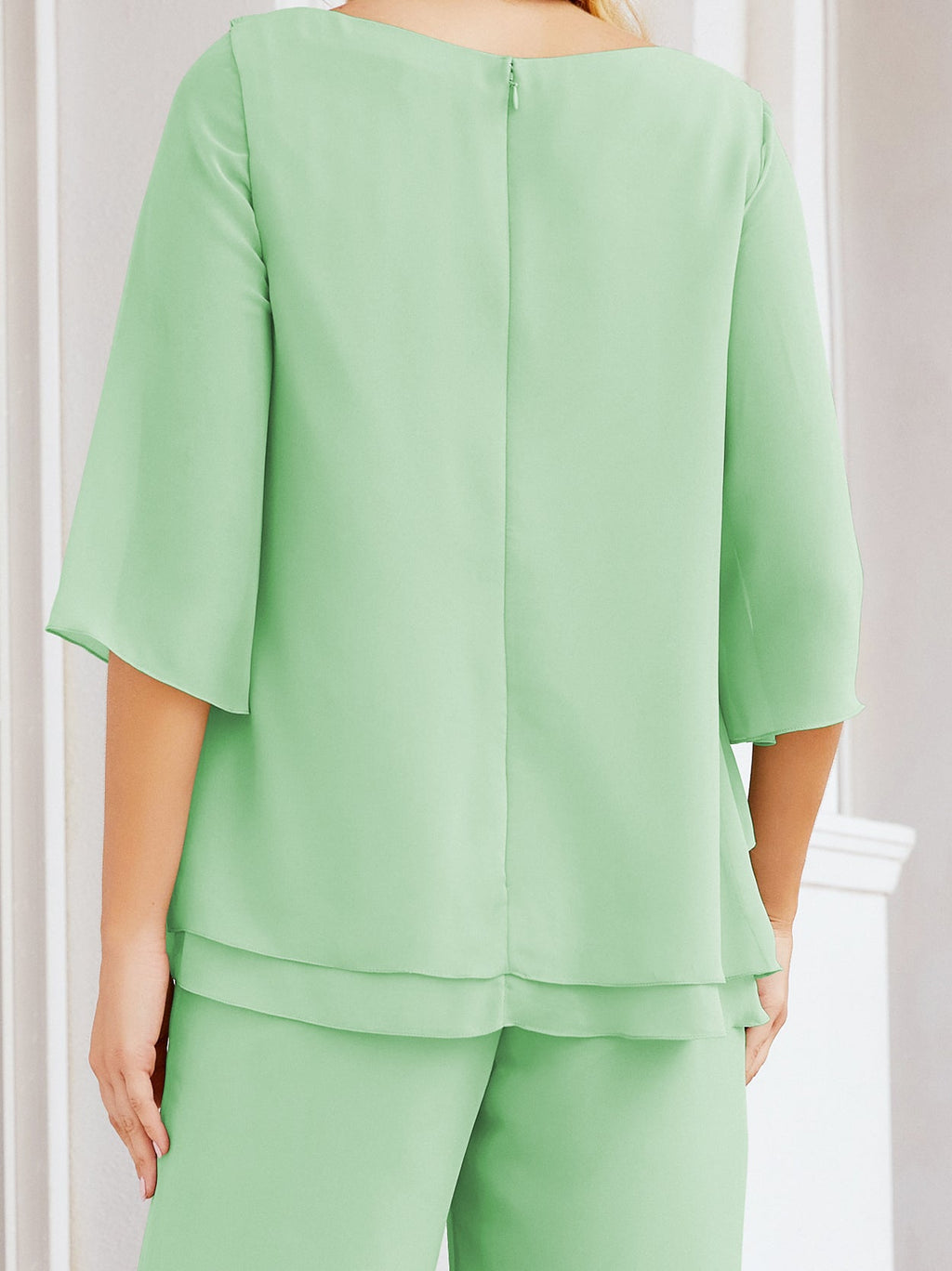 Elegante vestido de dos piezas para madre de la novia, talla grande, pantalón, capas con volantes, bata plateada SY28064 