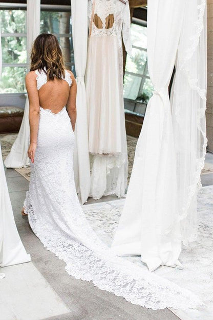 Vestido de novia de encaje con escote alto, cola larga y espalda abierta, WD397