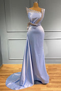 Vestido de fiesta largo de sirena con un hombro al descubierto, sin mangas, de satén, con cuentas y volantes