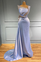 Vestido de fiesta largo de sirena con un hombro al descubierto, sin mangas, de satén, con cuentas y volantes