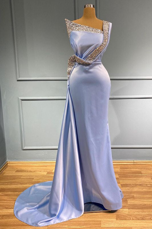 Vestido de fiesta largo de sirena con un hombro al descubierto, sin mangas, de satén, con cuentas y volantes