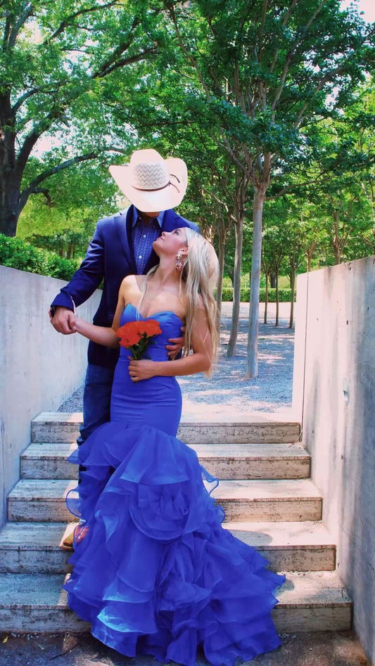 Vestido de fiesta largo de sirena con bajo de tul y satén azul real Y349