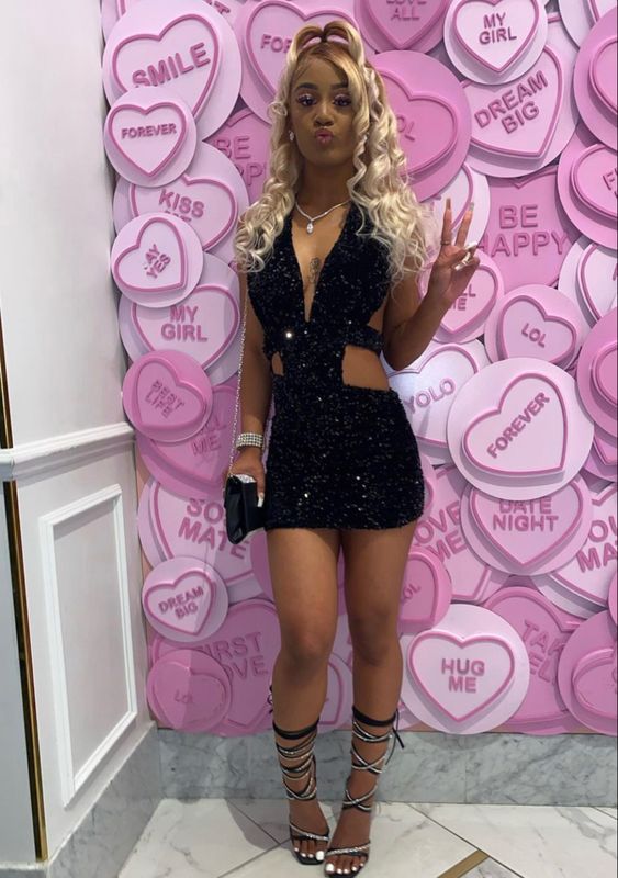 Vestido de fiesta con lentejuelas negras y corte en la cintura, bonito vestido negro para el regreso a casa Y329