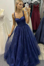 Glitzerndes blaues Tüll-Ballkleid in A-Linie, langes Abendkleid Y316