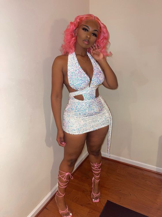 Vestido de fiesta con lentejuelas blancas y escote halter, sexy, para fiesta de bienvenida, ideal para cumpleaños número 18, para chicas negras, Y330