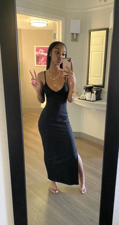 Vestido largo negro con tirantes finos, vestido de noche sexy Y320