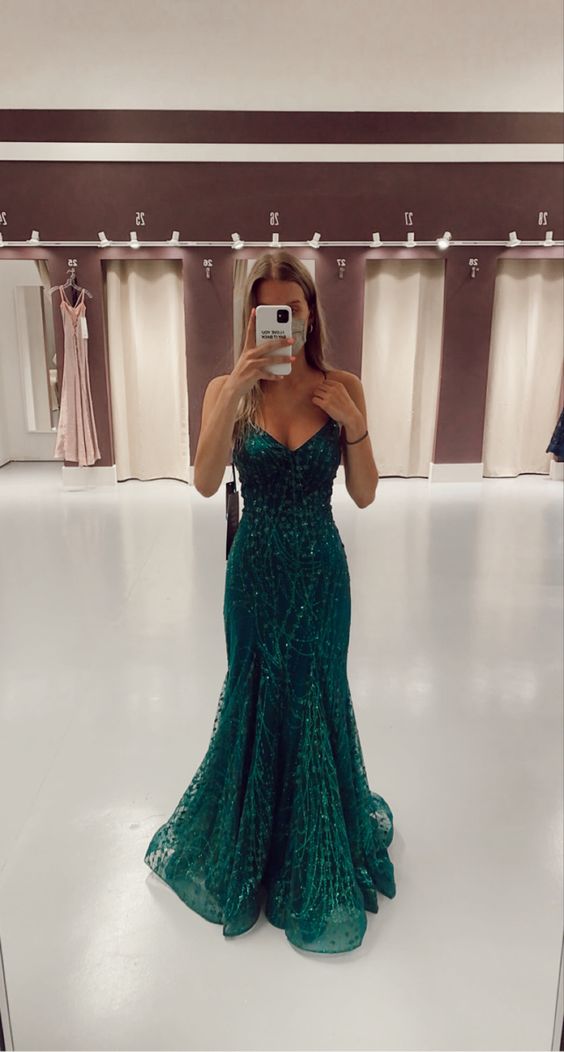 Meerjungfrau V-Ausschnitt Dunkelgrün Ballkleid Atemberaubendes Abendkleid Y325
