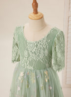 Salbeigrünes Blumenmädchenkleid aus Stoff mit U-Ausschnitt und Tüll (2003227581) 