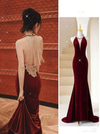Burgunderrotes Meerjungfrau-Abendkleid, lang, schickes Burgunderrotes Abendkleid mit Quaste auf der Rückseite, Y383