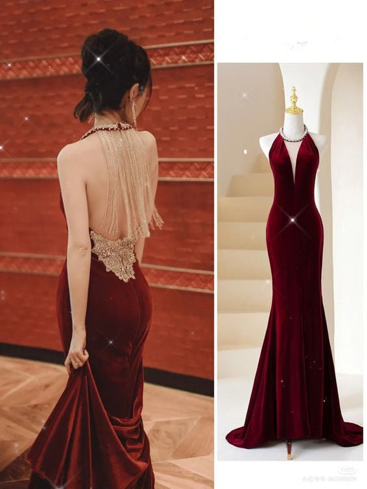 Vestido de fiesta largo estilo sirena burdeos, elegante vestido de noche burdeos con borla en la espalda Y383